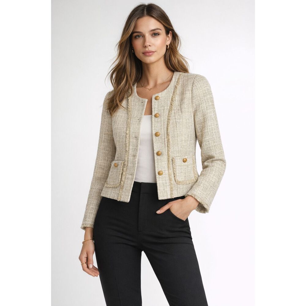 Karl Lagerfeld Paris Tweed Jacket Sz 4 ParisBeige Gold Button Fringe Crop Blazer